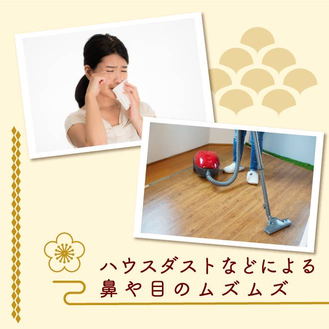 その目や鼻の不快感はハウスダストやペットの毛が原因ではないでしょうか・・・?