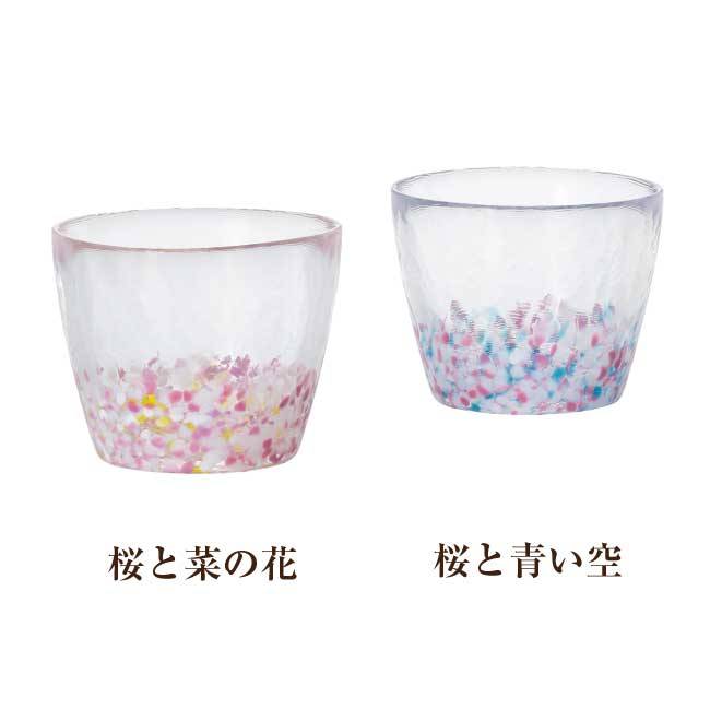 津軽びいどろの心温まる色合いのペアグラス。桜と菜の花、桜と青い空。