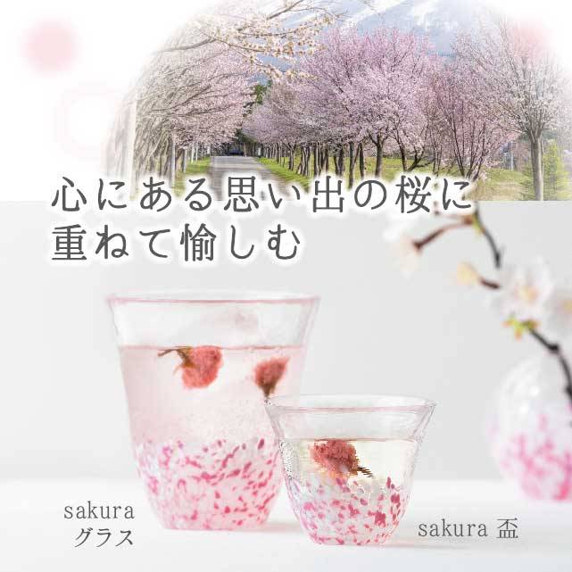 心にある思い出の桜に重ねて愉しむと書いてあり、桜の風景と一緒にsakusa 盃とsakuraグラスが写っている画像