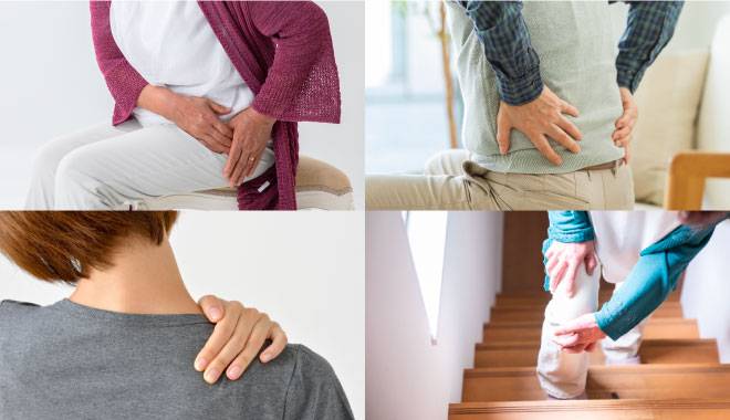 骨盤周りや腰、肩、膝にコリや痛みを感じている人達