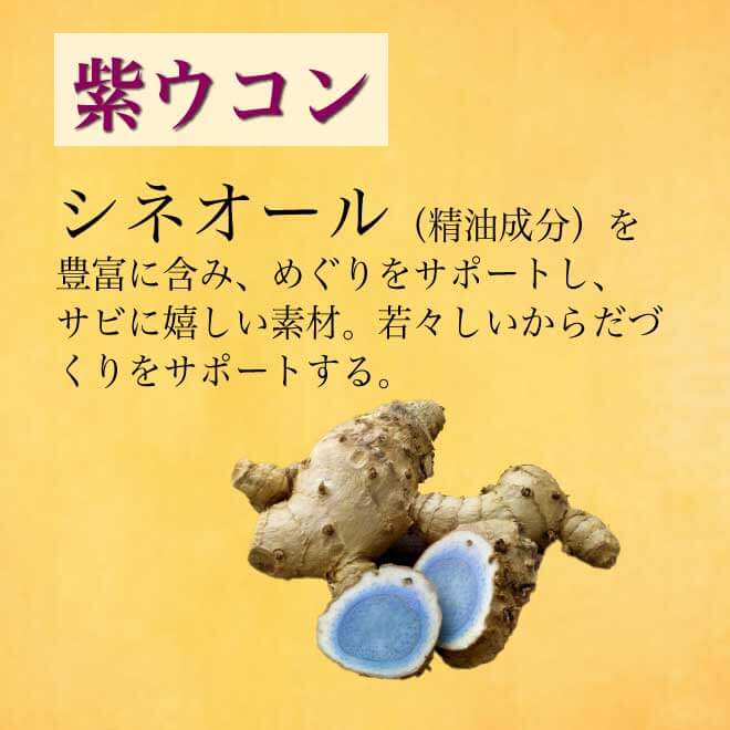 紫ウコンは、精油成分シネオールを豊富に含み、めぐりを良くするとともにサビつきから守って若々しい体づくりをサポートします。